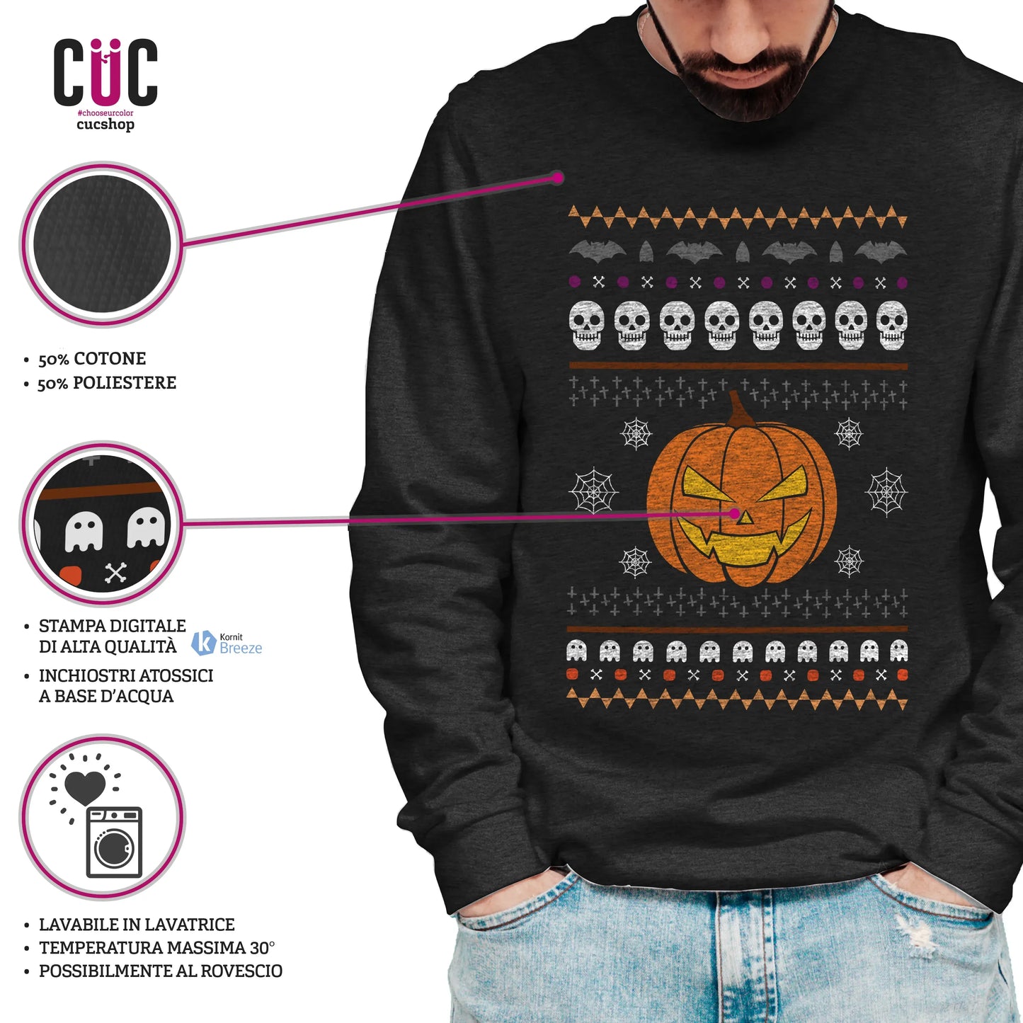 CUC GIROCOLLO Ugly Halloween Sweater -  Unisex - Divertente  - Spooky Season -  #chooseurcolor