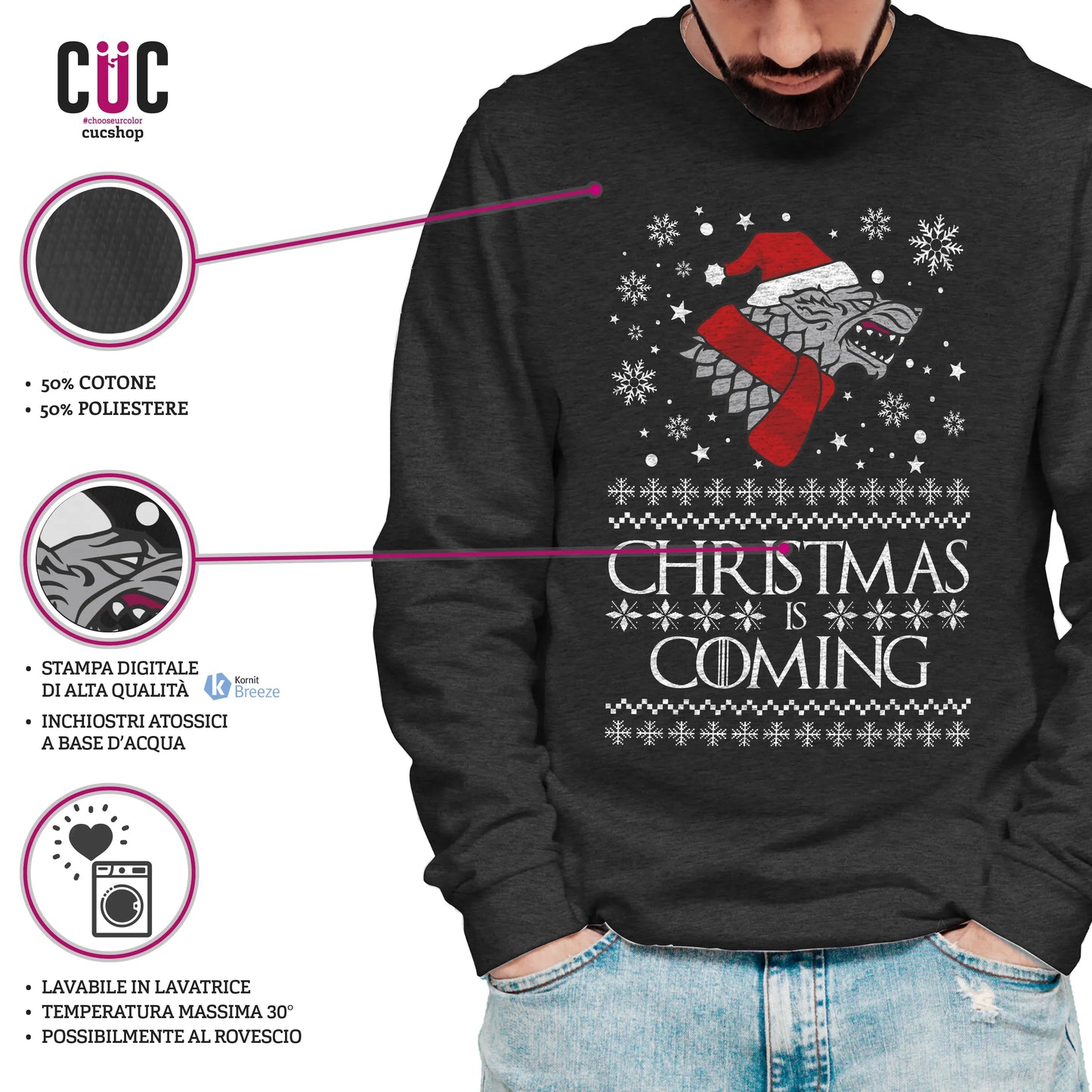 CUC GIROCOLLO Christmas is Coming - Unisex - NATALE - SERIE TV - Divertente - Stark - GOT - #chooseurcolor