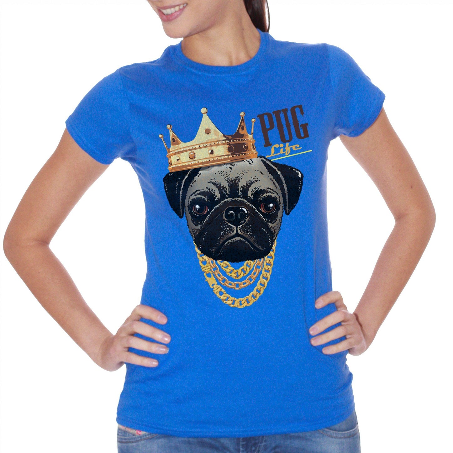 Royal Blue T-Shirt Pug Life Carlino Cane Dog Pet Animali Gold Crown - SOCIAL CucShop