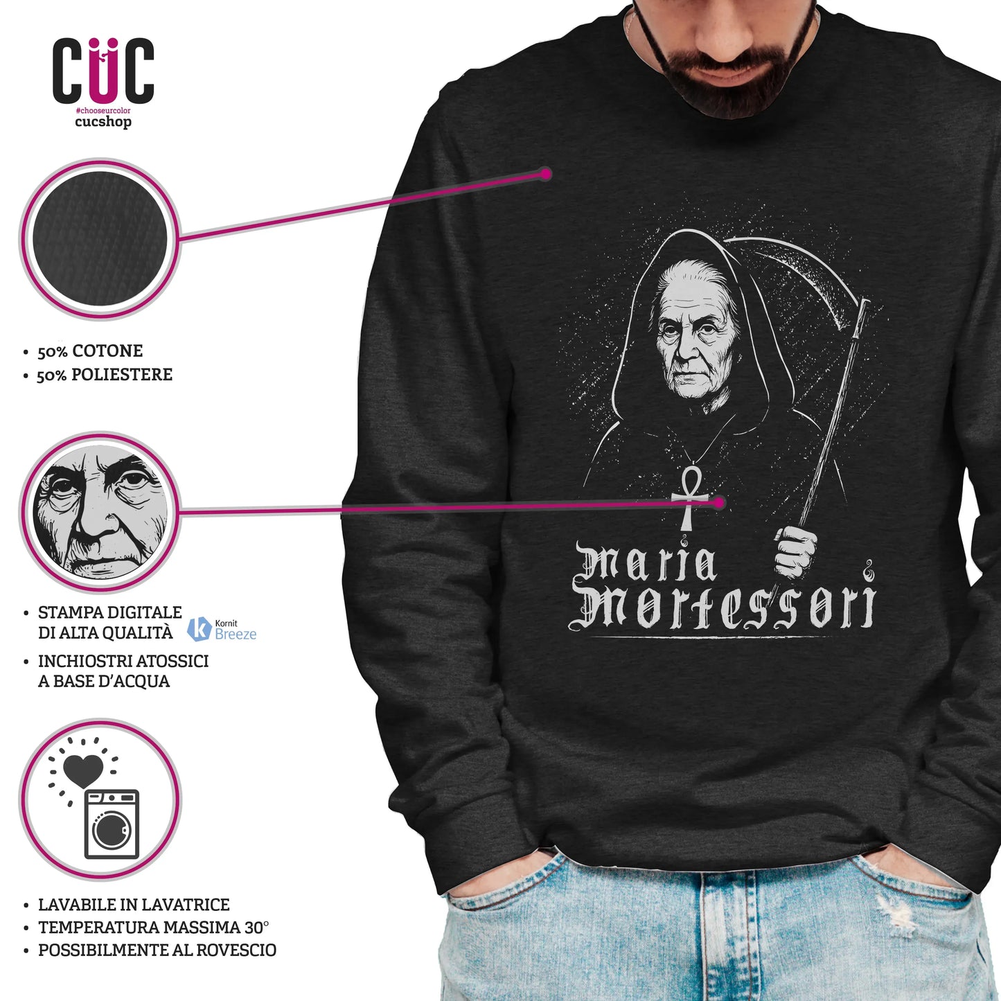CUC GIROCOLLO Maria Mortessori -  Unisex - PERSONAGGI FAMOSI - Black Metal - Divertente -  #chooseurcolor