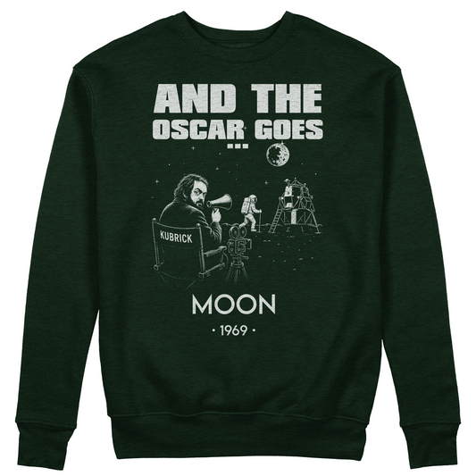 FELPA GIROCOLLO CUC AND THE OSCAR GOES Allunaggio Complottismo nasa Kubrick Verde Bottiglia M [IMGKEY:BOT:M:1]