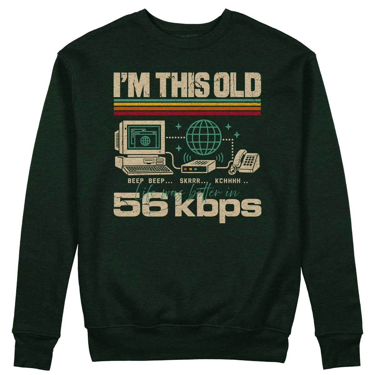 FELPA GIROCOLLO CUC Sono così vecchio La vita era meglio in 56kbps Meme Nerd Verde Bottiglia M [IMGKEY:BOT:M:1]