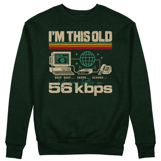 FELPA GIROCOLLO CUC Sono così vecchio La vita era meglio in 56kbps Meme Nerd Verde Bottiglia M [IMGKEY:BOT:M:1]