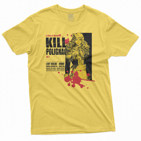 T-shirt gialla Kill Polignac con Lady Oscar, scritte nere e dettagli rossi