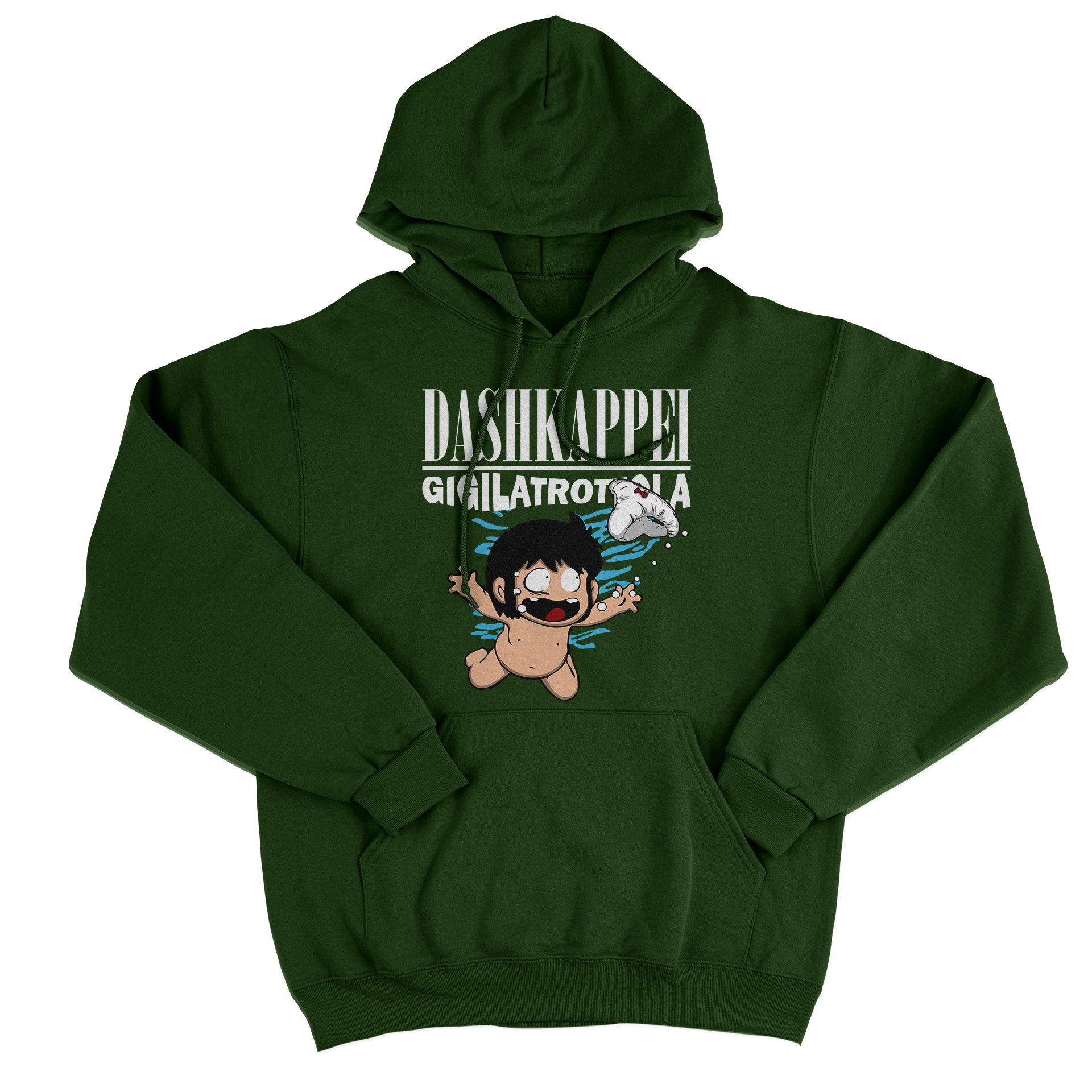 FELPA CAPPUCCIO DASH KAPPEI NEVERMIND Gigi la trottola divertente anime Verde Bottiglia