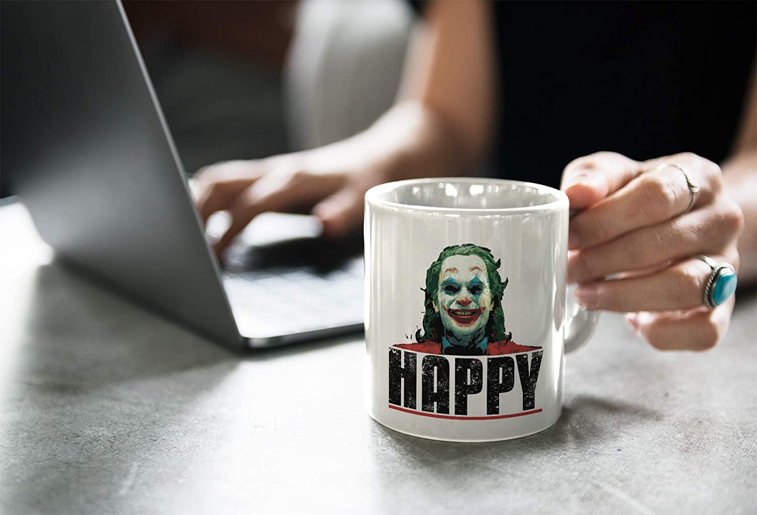 White Smoke Tazza Joker Happy con Grafica Ispirata al Film Cult del Momento con Joaquin Phoenix - Film Choose ur Color Cuc shop